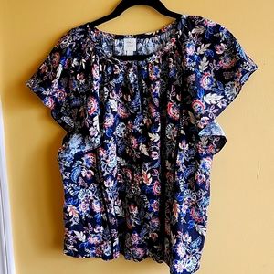 Roan + Ryan Black Floral Paisley V-neck Flutter Sleeve Top - Large